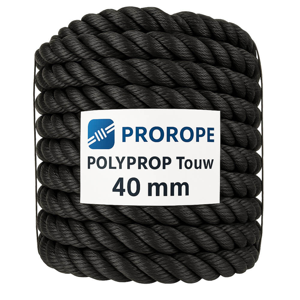 Cordeau en polypropylène noir de 40 mm de diamètre, enroulé en bobine, avec une étiquette indiquant "PROROPE Polyprop Touw 40 mm".