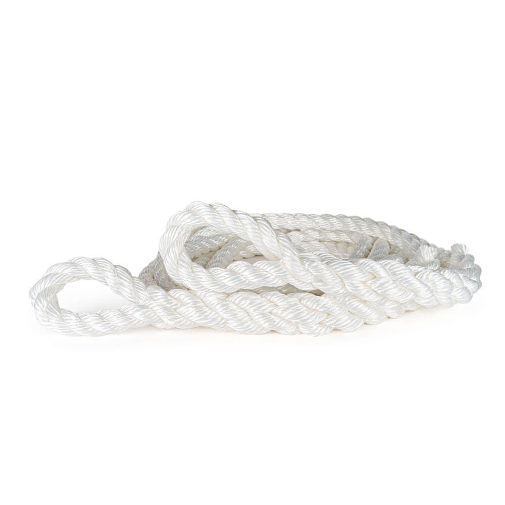 Câble de remorquage cinétique blanc de 24 mm en matériau composite, soigneusement enroulé avec des boucles aux deux extrémités, conçu pour les applications de traction lourde et des performances durables.