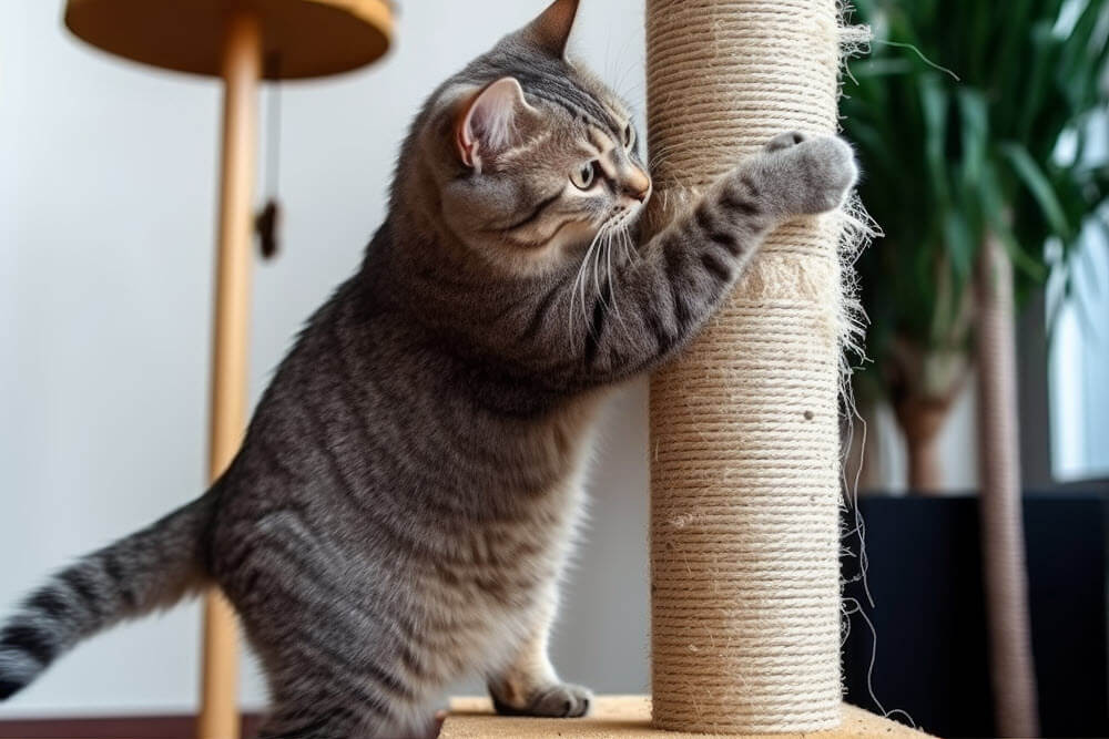 Un chat gris tigré gratte un poteau à griffer en corde de sisal dans une pièce avec une plante et une lampe en arrière-plan.