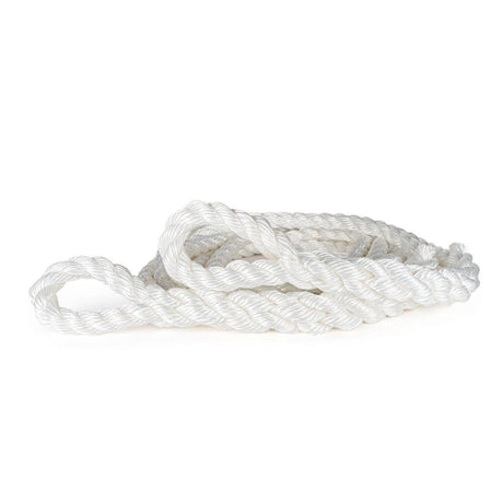 Câble de remorquage cinétique blanc de 24 mm en matériau composite, soigneusement enroulé avec des boucles aux deux extrémités, conçu pour les applications de traction lourde et des performances durables.